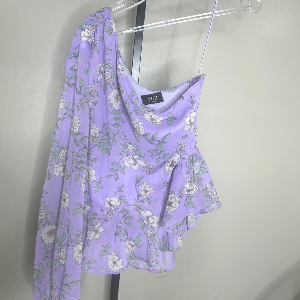 VICI Purple Floral One Shoulder Ruffle Peplum Blouse Medium Long Sleeve Chiffon